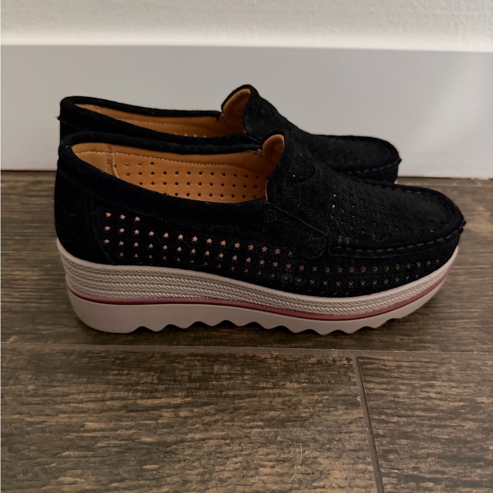 Amazon Black Perforated Platform Slip-On Loafers with Pink Accent
